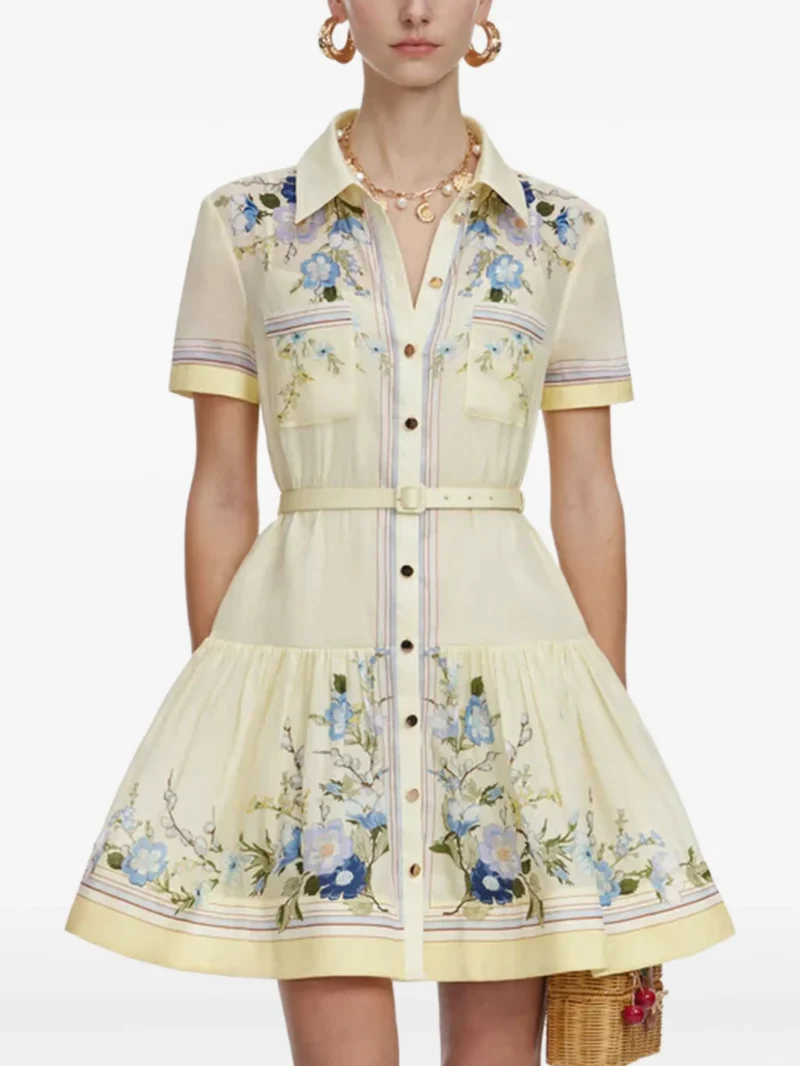 Rochie mini Self-Portrait Floral-Print Belted galben