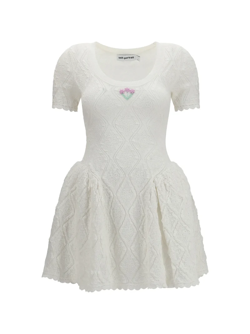 Rochie mini Self-Portrait Pointelle-Knit Flared alb