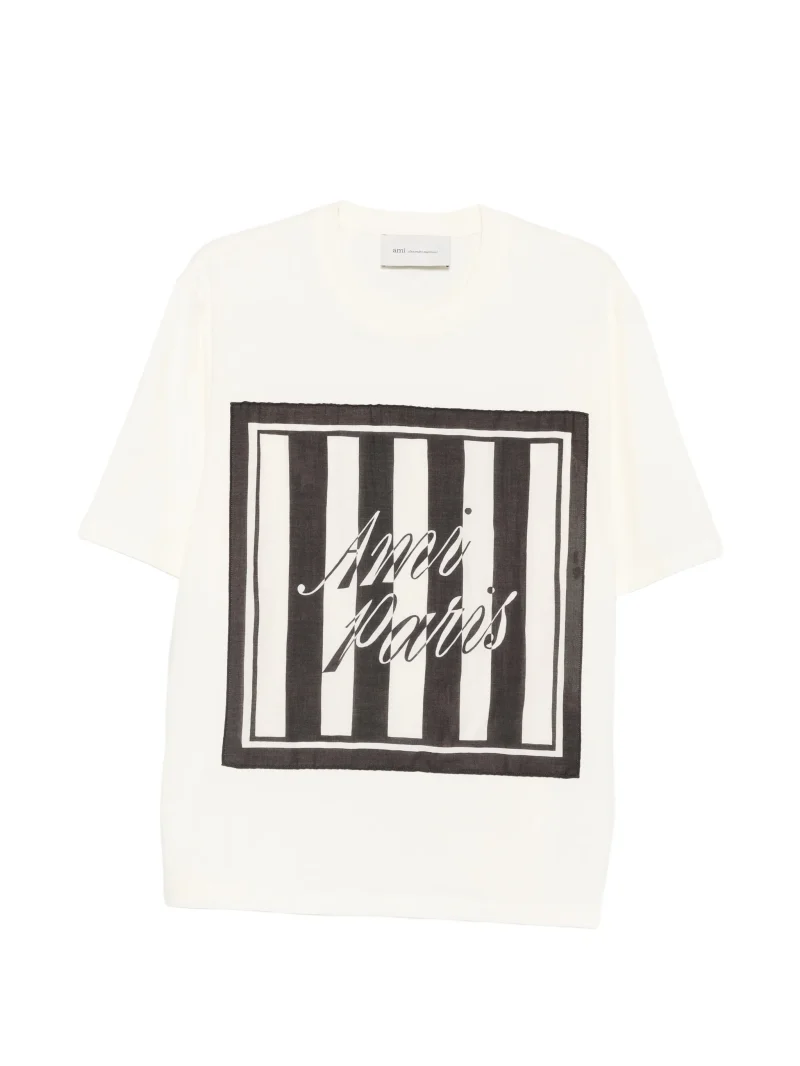 Tricou Ami Paris Logo-Print Striped-Patch alb