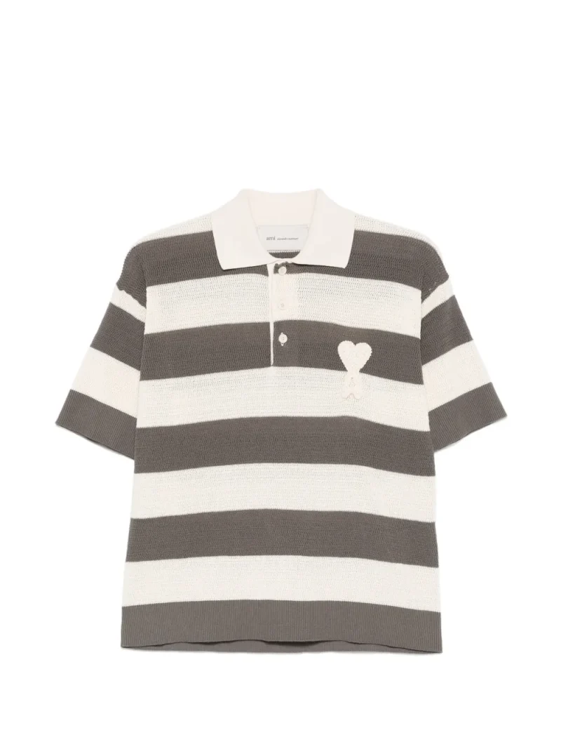 Tricou polo AMI Paris Striped Heart Polo gri