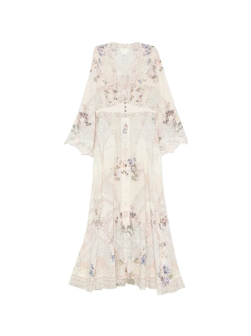 Rochie maxi Camilla crystal-embellished floral-print crem