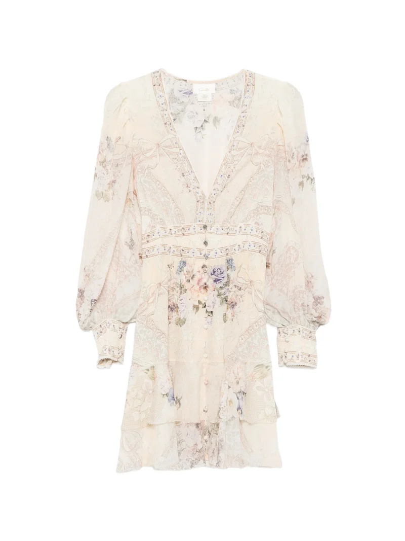 Rochie mini Camilla floral-print silk bej