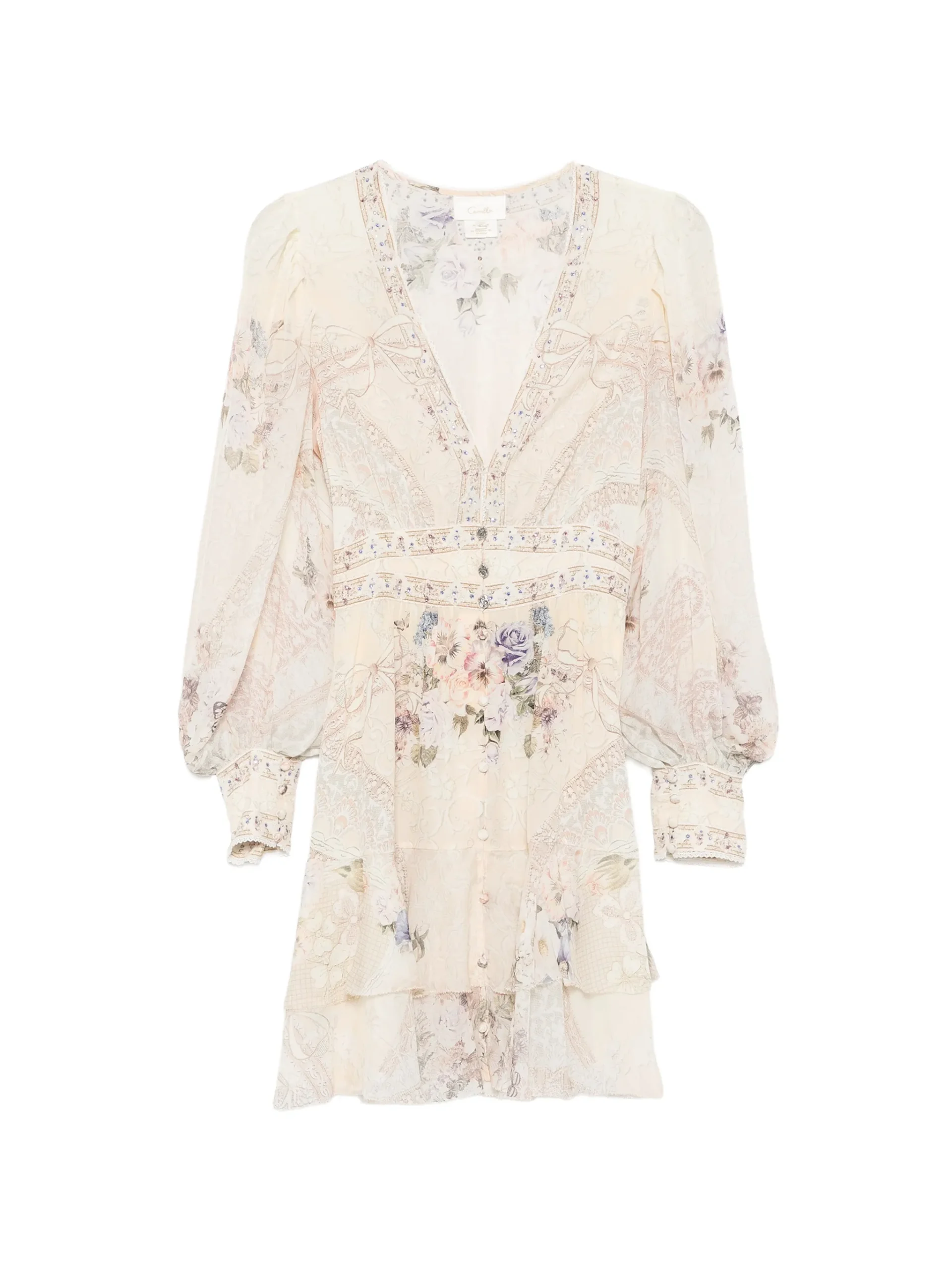 Rochie mini Camilla floral-print silk bej