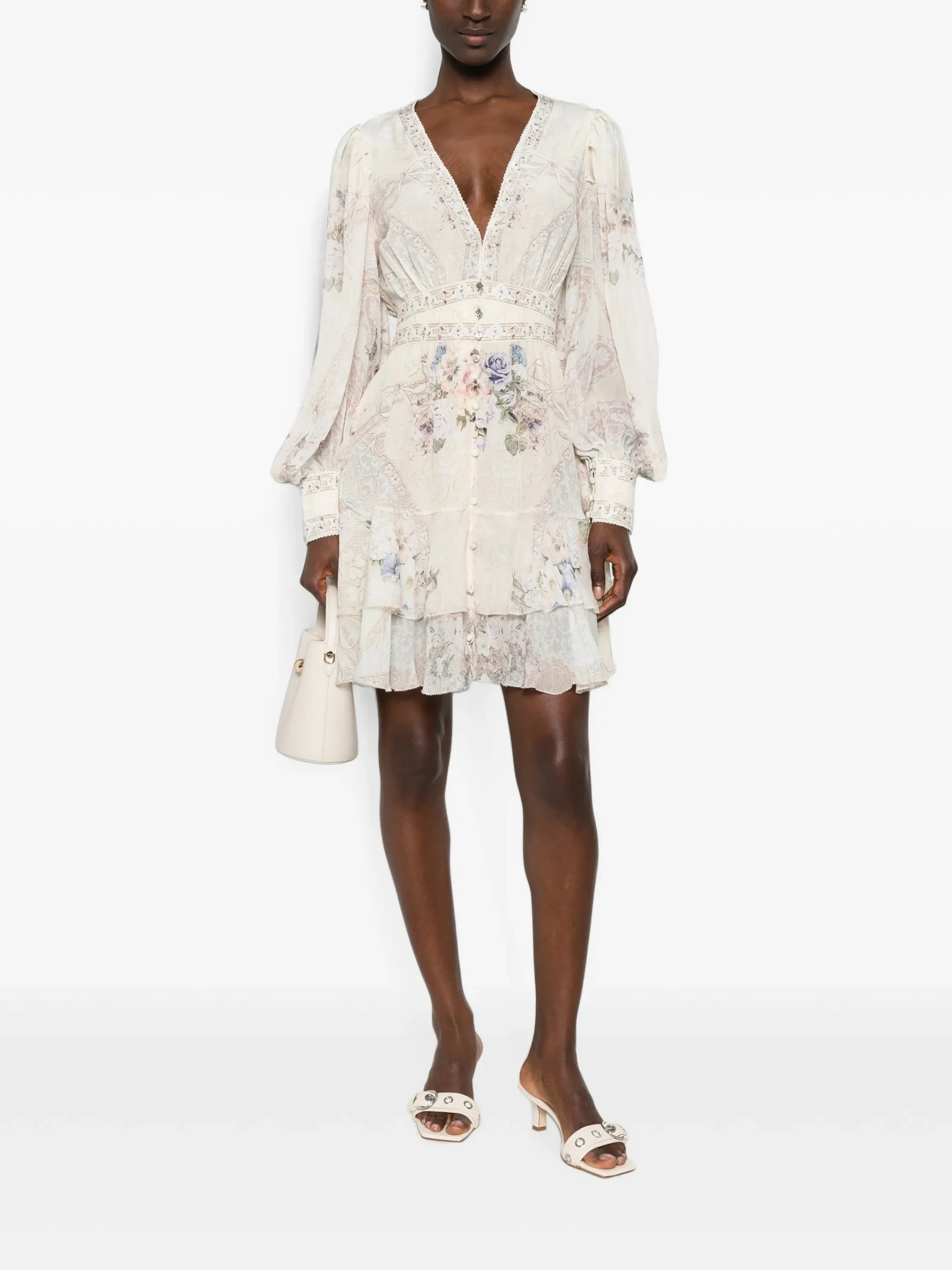 Rochie mini Camilla floral-print silk bej - imagine 2