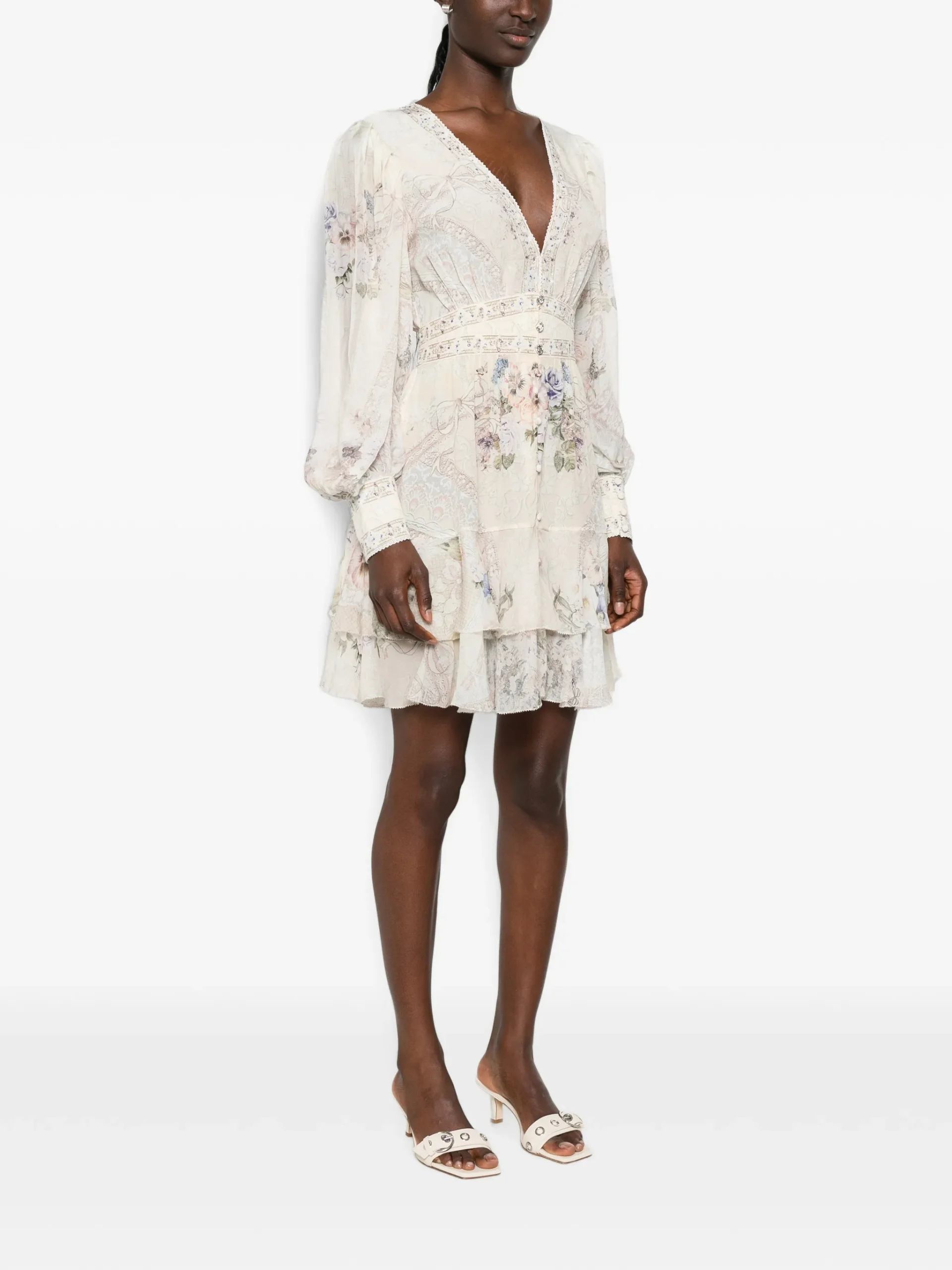 Rochie mini Camilla floral-print silk bej - imagine 5