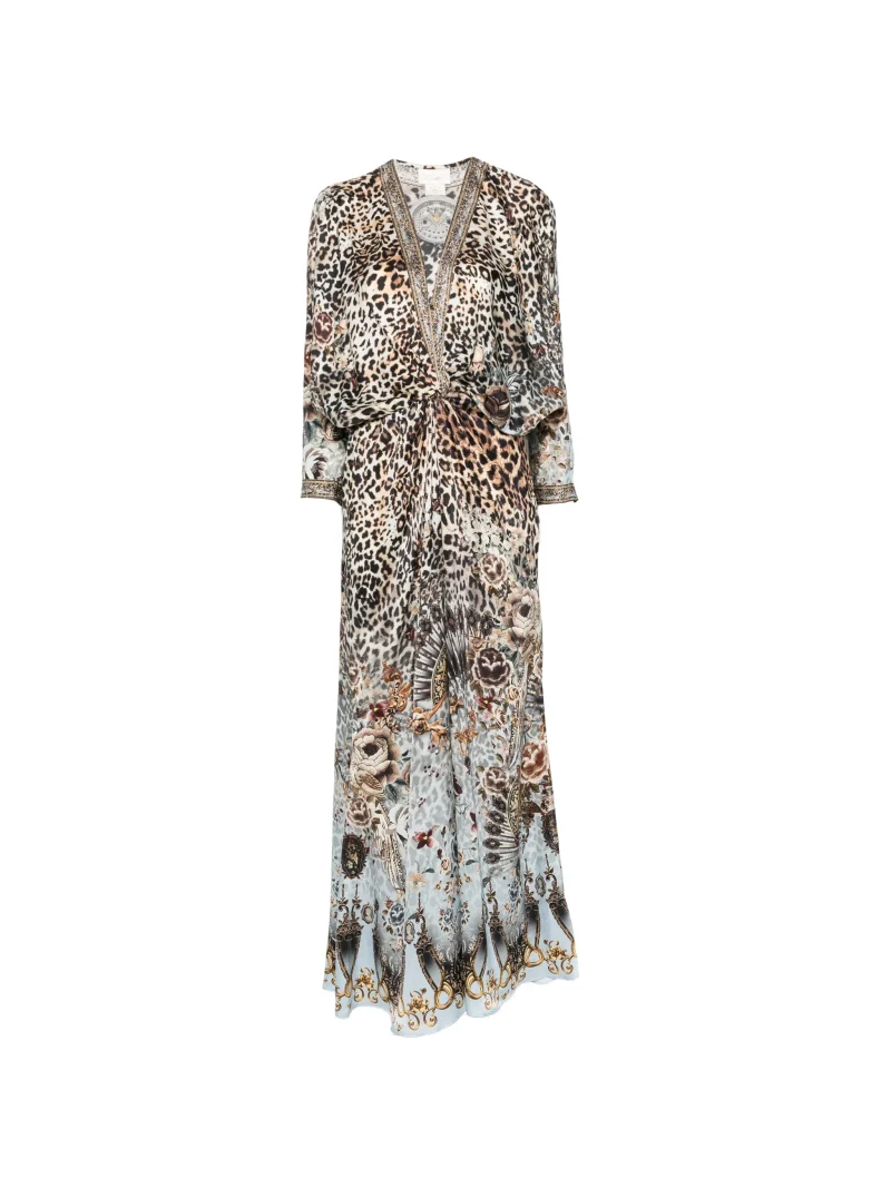 Rochie maxi Camilla Twist-Front Leopard-Print V-neck bej