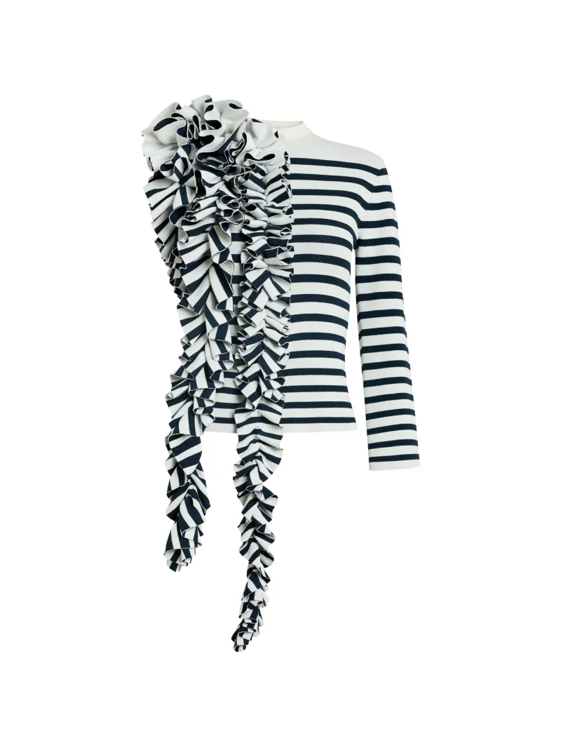 Top A.W.A.K.E. Mode Ruffled-Detail Striped-Pattern bleumarin