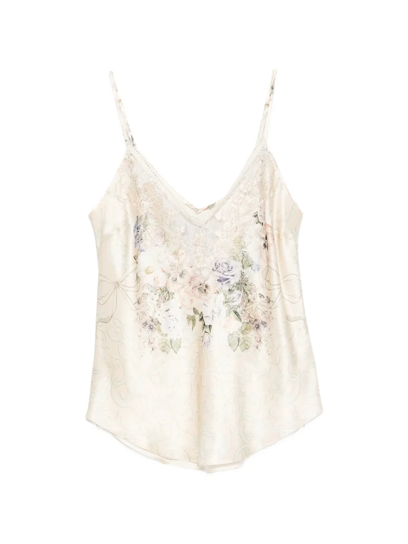 Top Camilla floral-print lace-trim tank bej