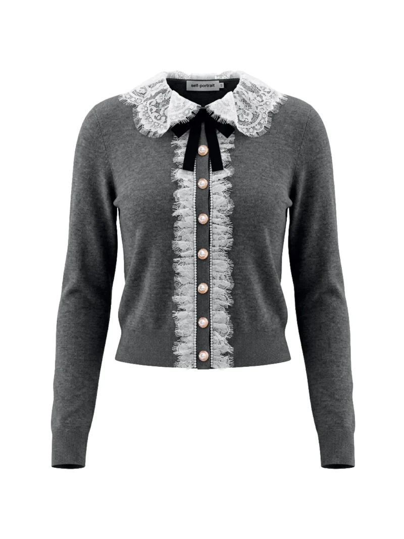 Cardigan Self-Portrait Lace-Collar Bow-Detail gri