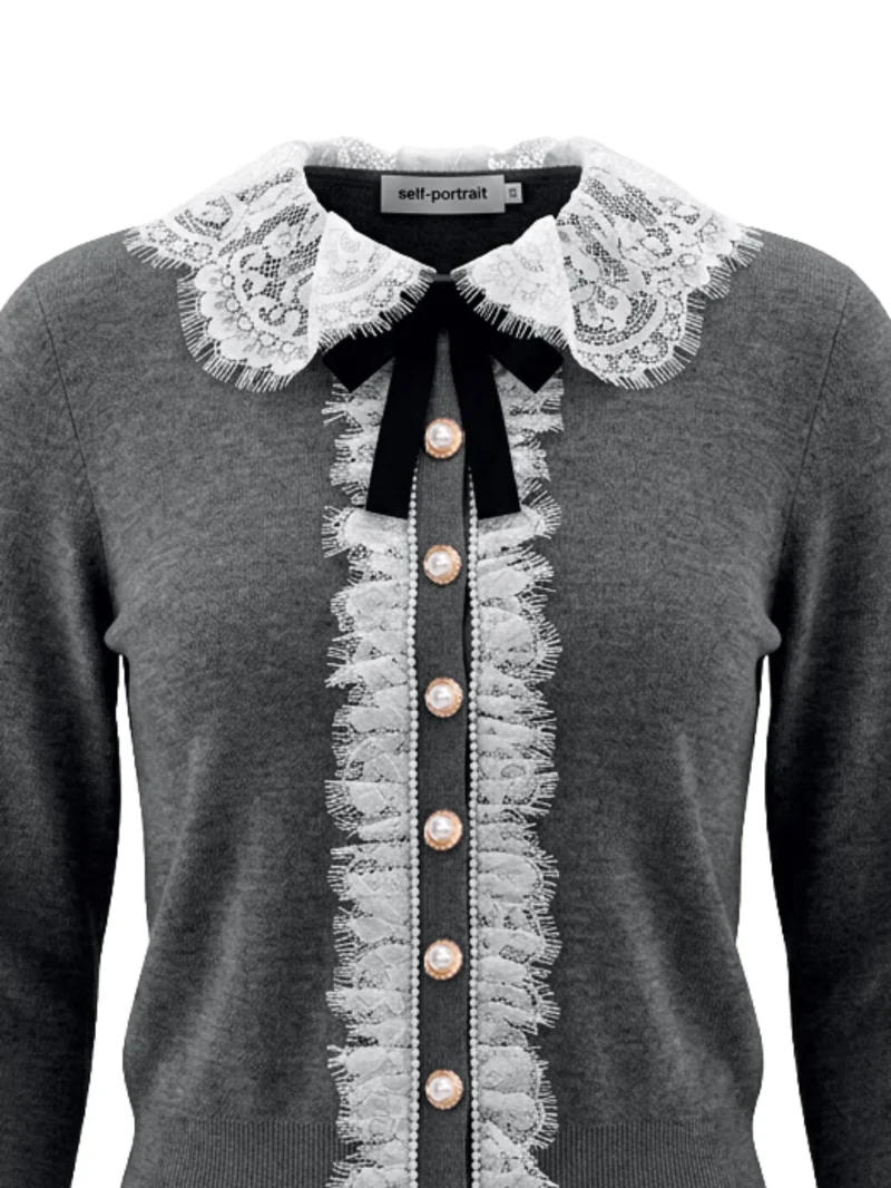 Alternative view of Cardigan Self-Portrait Lace-Collar Bow-Detail gri