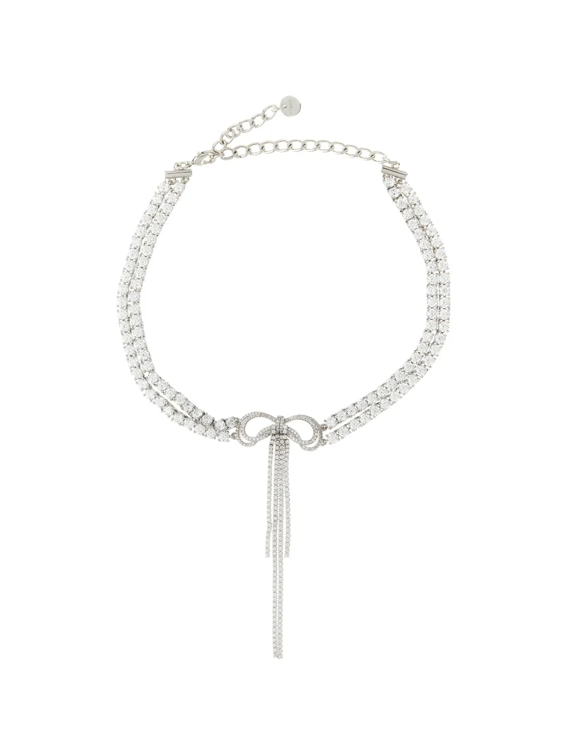 Colier Self-Portrait Double Crystal Bow argintiu