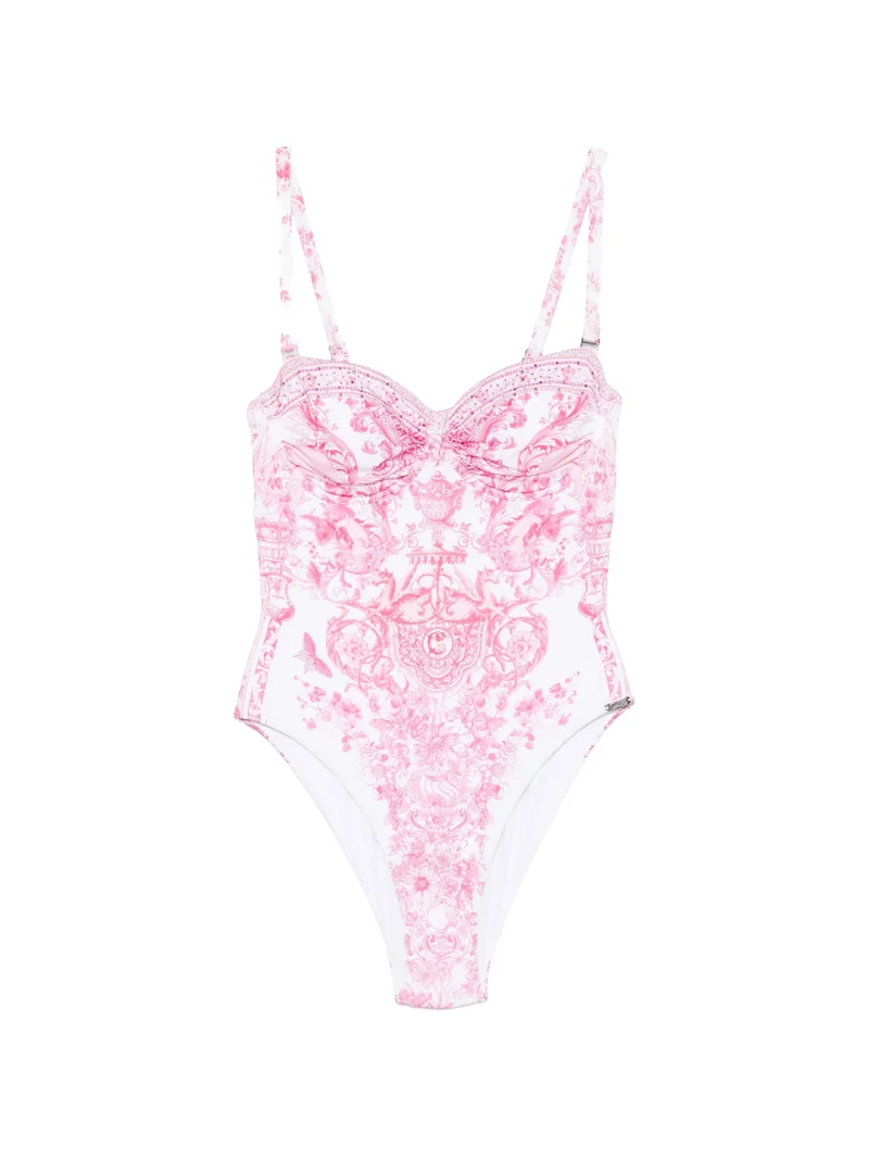 Costum de baie Camilla Crystal-Embellished Floral-Print roz