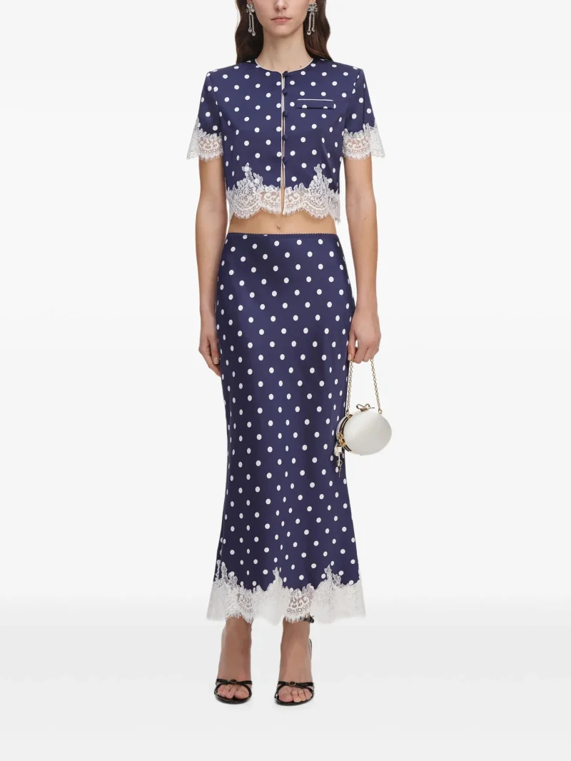 Fusta maxi Self-Portrait Polka-Dot Lace Trim bleumarin