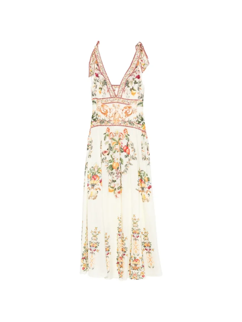 Rochie maxi Camilla Fruit-Print Tie-Strap ecru