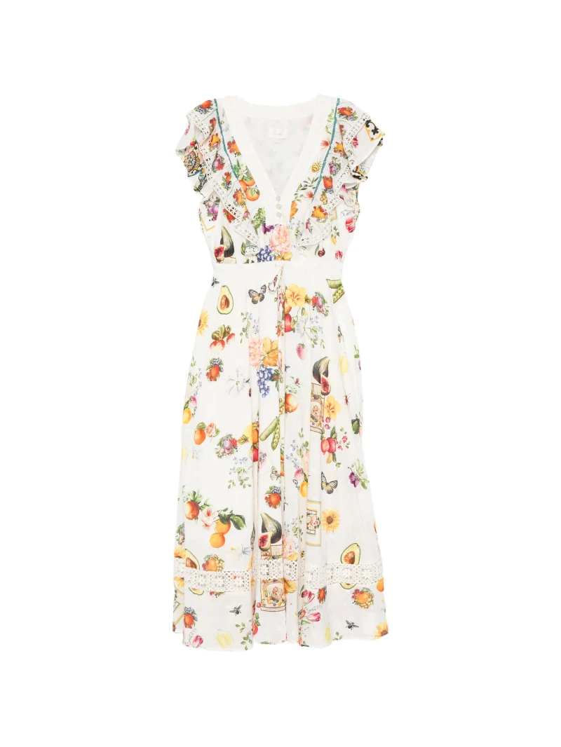 Rochie midi Camilla Fruit-Print Ruffled alb