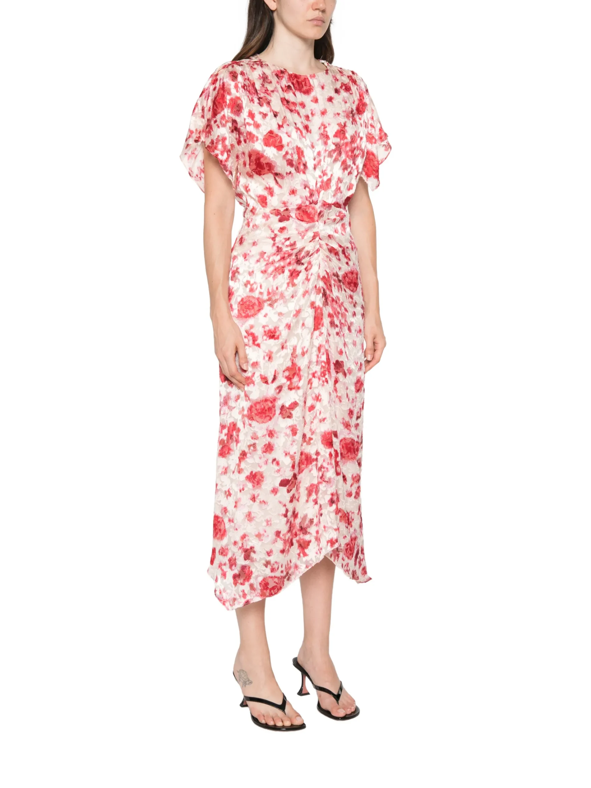 Rochie midi Isabel Marant Herva Floral-Print Ruched Symmetric roz - imagine 3