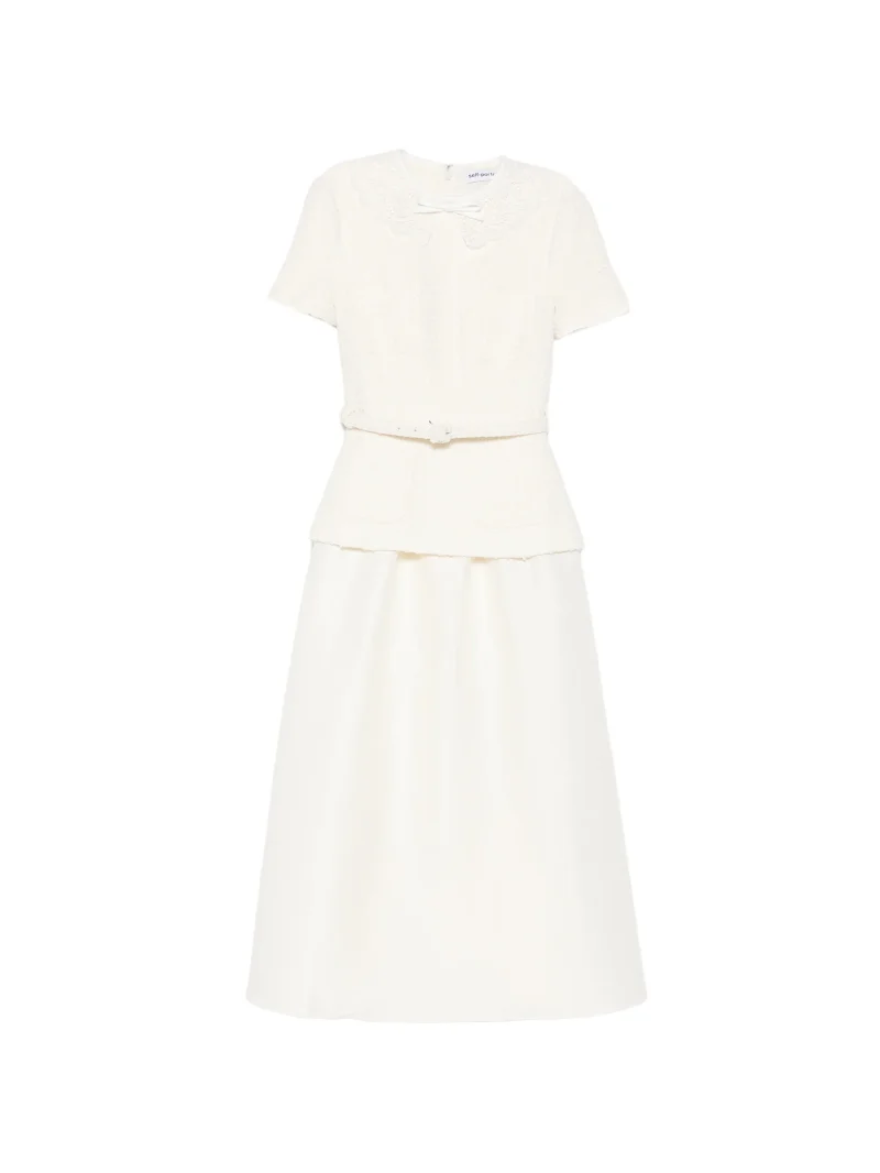 Rochie midi Self-Portrait Boucle-Knit Belted ecru