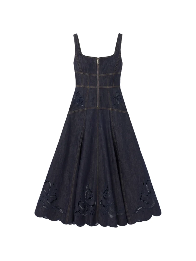Rochie midi Self-Portrait Broderie-Anglaise Flared-Hem bleumarin