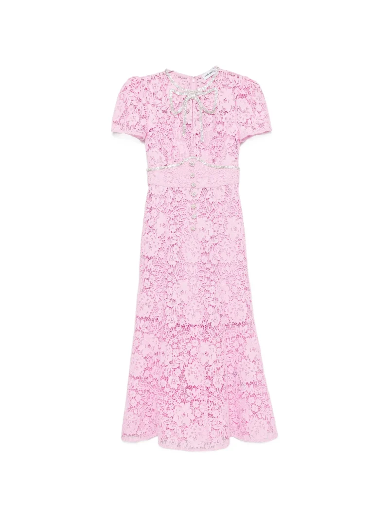 Rochie midi Self-Portrait Crystal-Embellished Floral-Lace roz