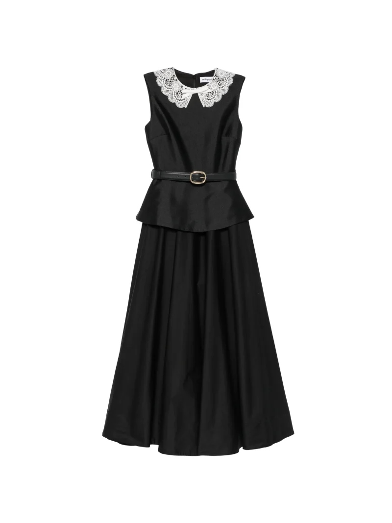 Rochie midi Self-Portrait Lace-Collar Peplum-Waist  negru