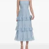Rochie midi Self-Portrait Lace-Trimmed Ruffled albastru