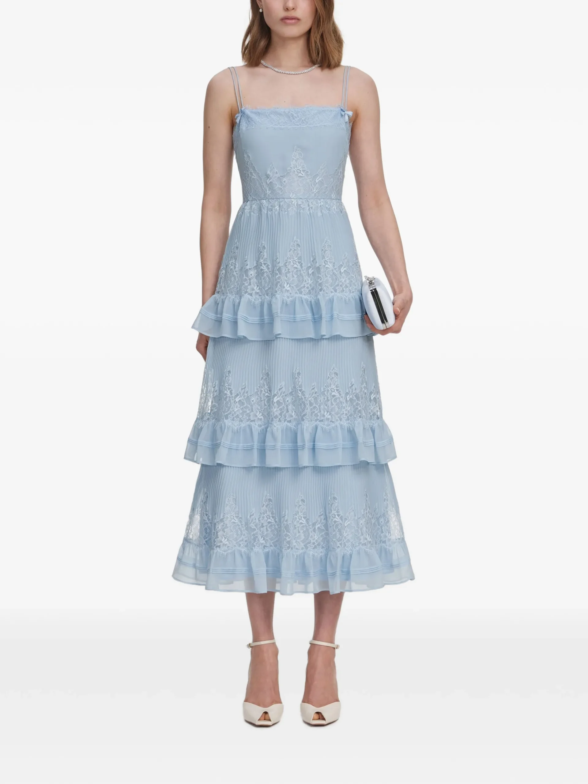 Rochie midi Self-Portrait Lace-Trimmed Ruffled albastru