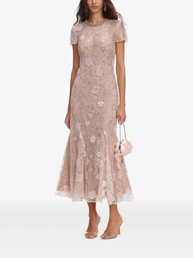 Rochie midi Self Portrait Sequin-Embellished Floral-Print roz