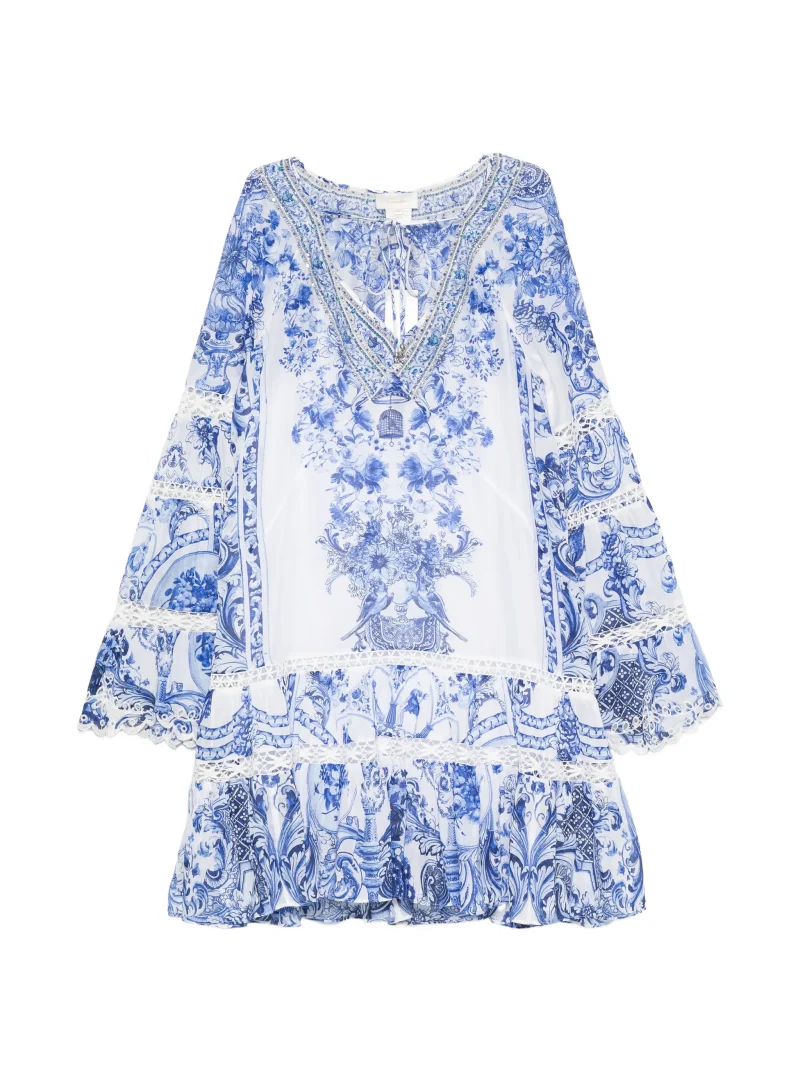 Rochie mini Camilla Crystal-Embellished Floral-Print alb
