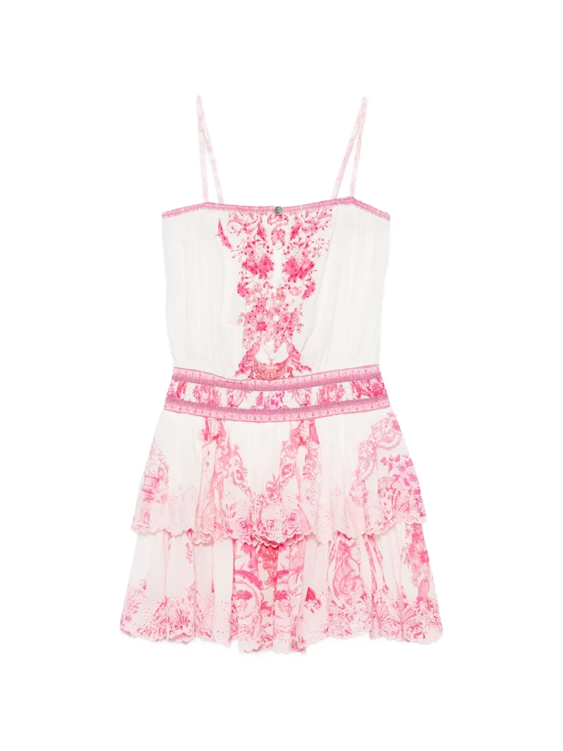 Rochie mini Camilla Floral-Print Tiered alb