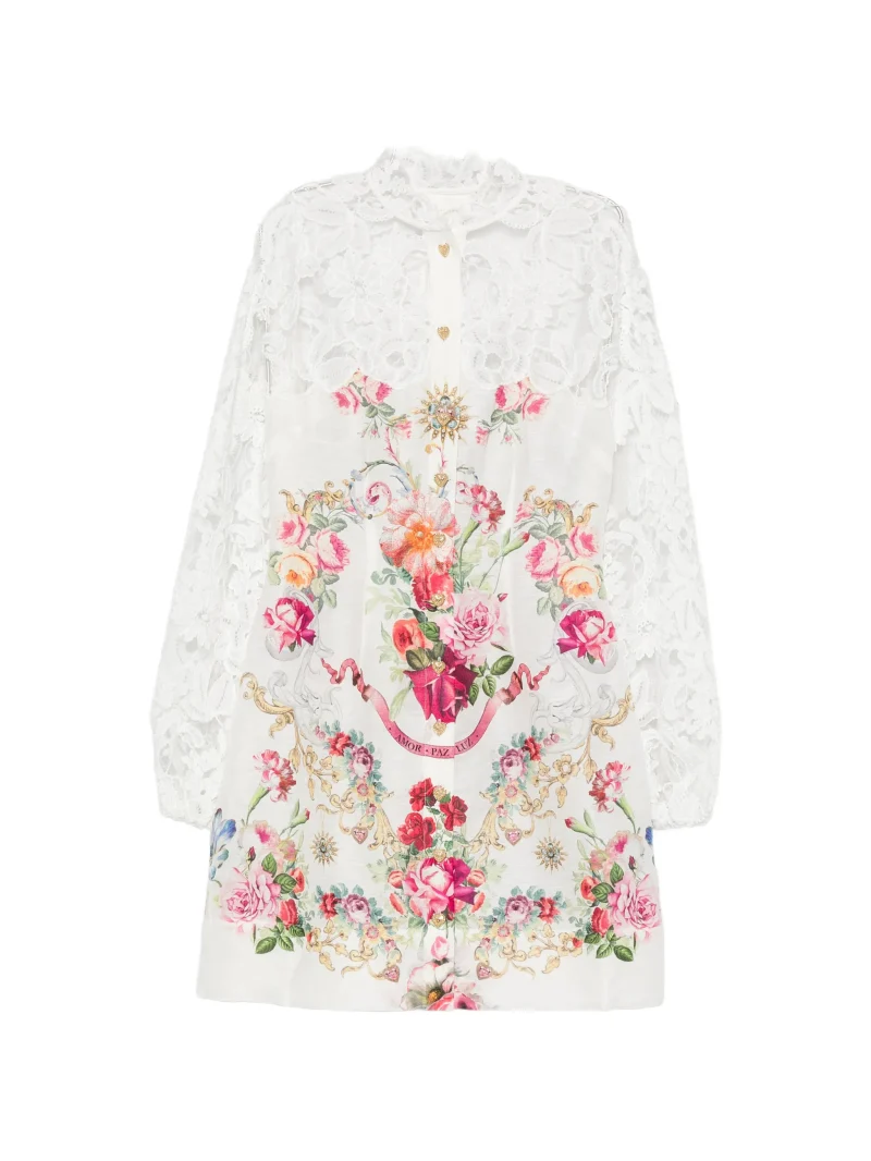 Rochie mini Camilla Lace-Panelled Floral-Print alb
