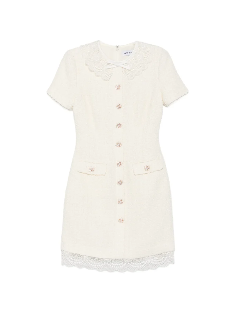 Rochie mini Self-Portrait Lace-Trimmed Boucle ecru