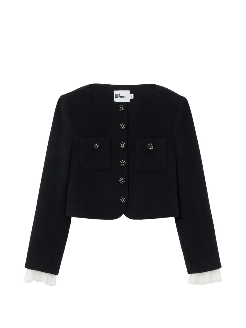 Sacou Self-Portrait Lace-Trimmed Button-Up Cropped negru