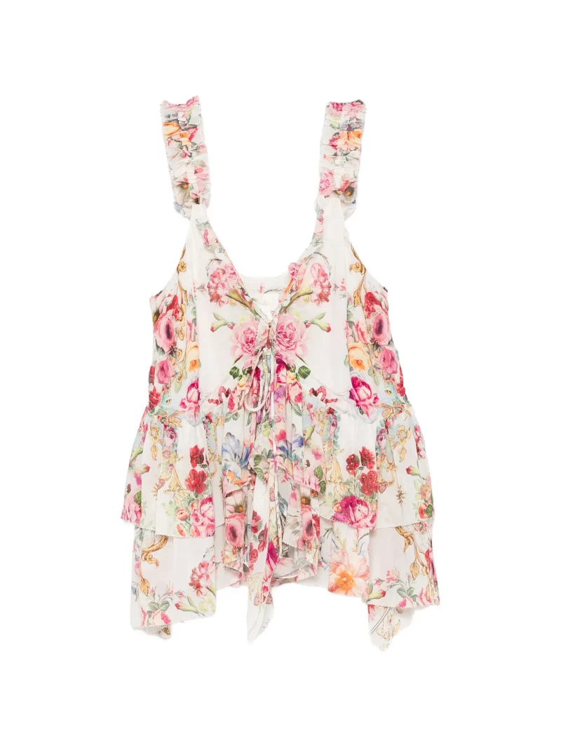 Top Camilla Floral-Print Ruffled alb