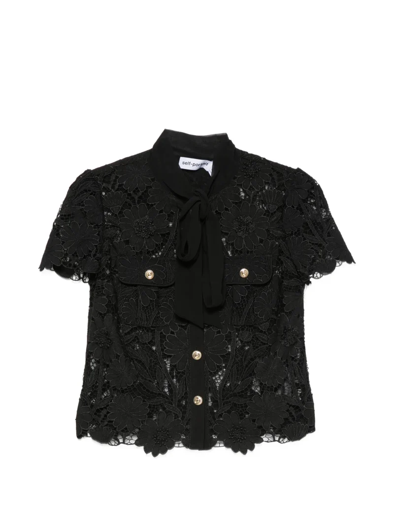 Top Self-Portrait Guipure-Lace Pussy-Bow negru