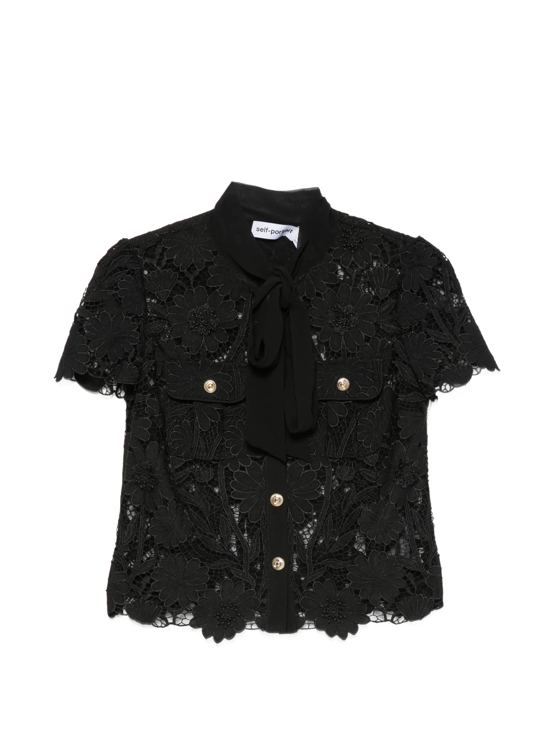 Top Self-Portrait Guipure-Lace Pussy-Bow negru