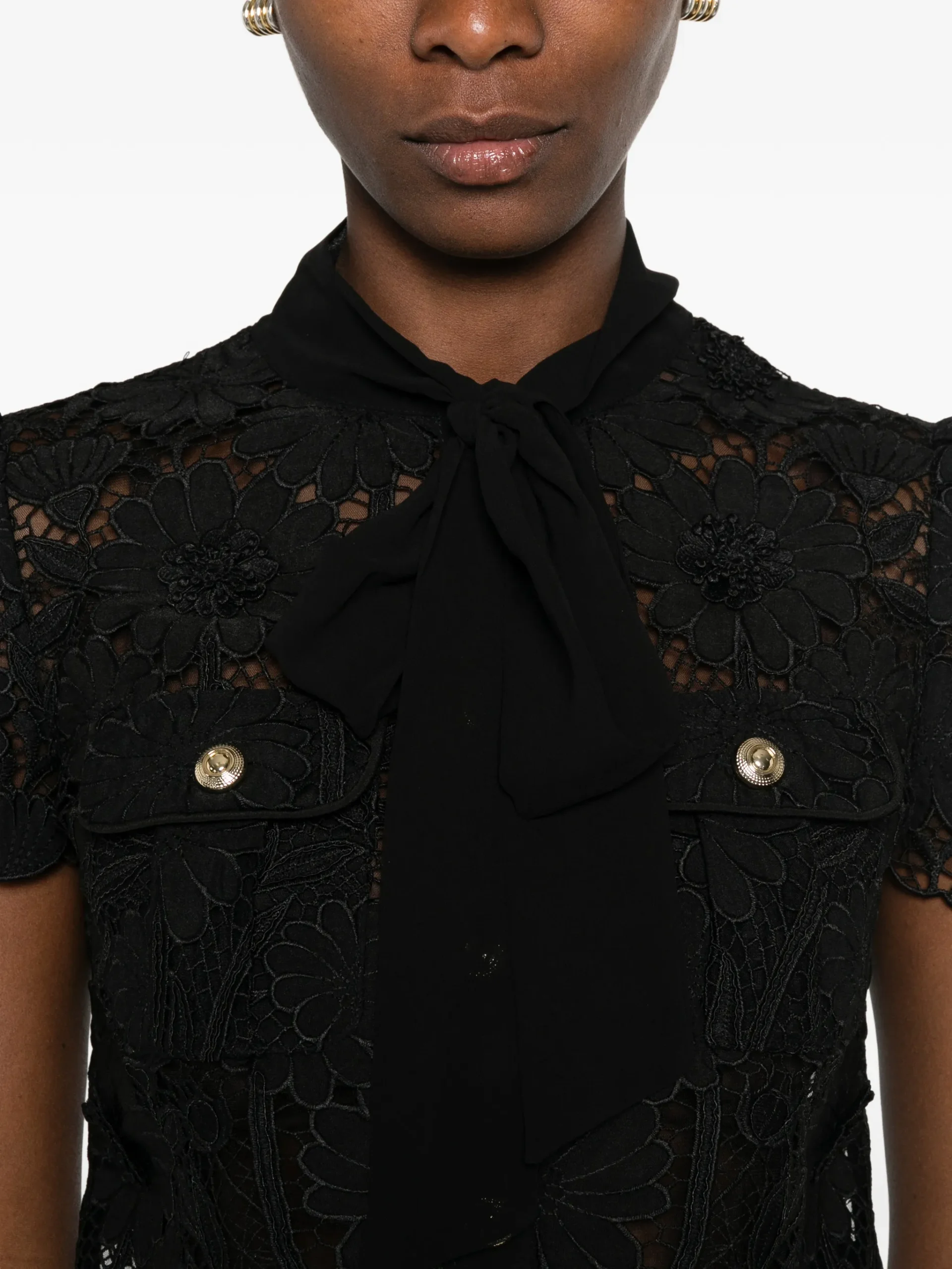 Top Self-Portrait Guipure-Lace Pussy-Bow negru - imagine 5