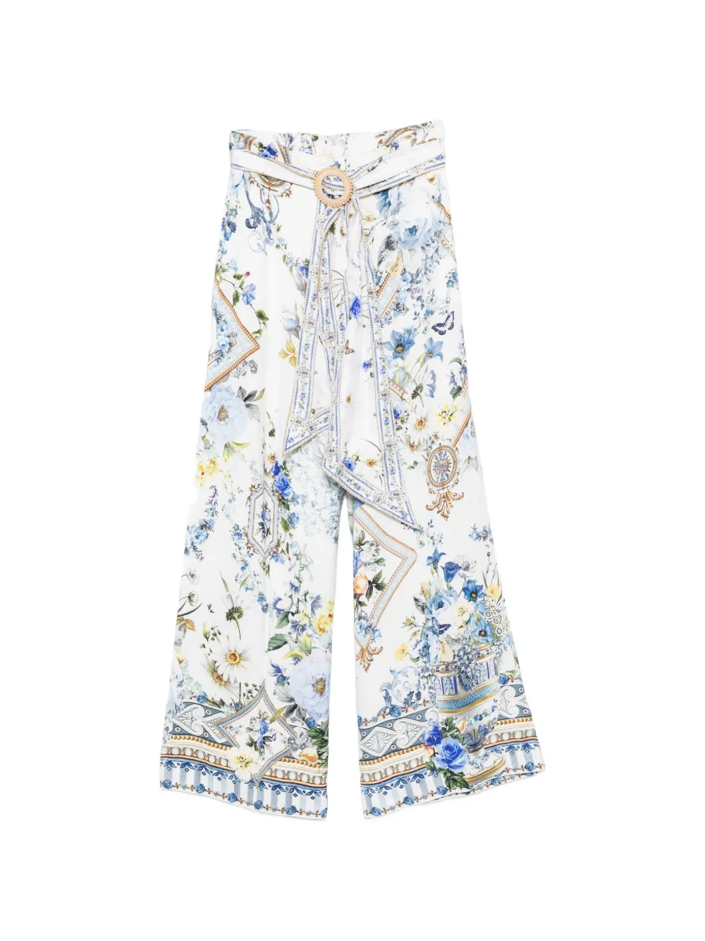 Pantaloni Camilla Floral-Print Belted Palazzo alb