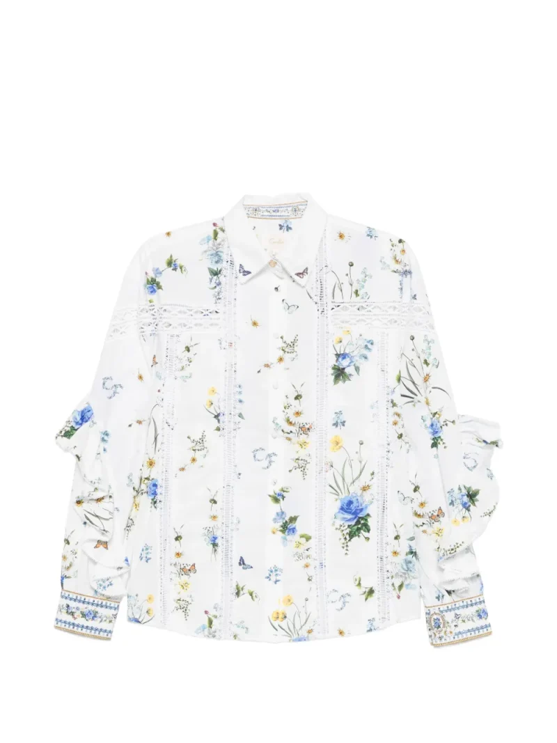 Camasa Camilla Floral-Print Ruffled alb