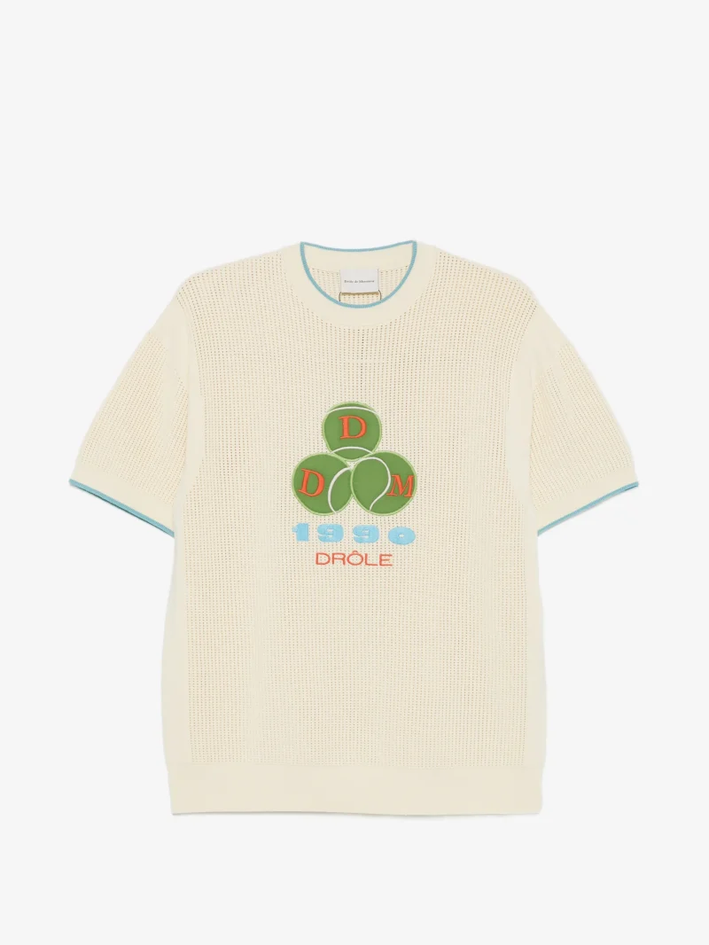 Tricou Drole De Monsieur logo-patch open-knit bej