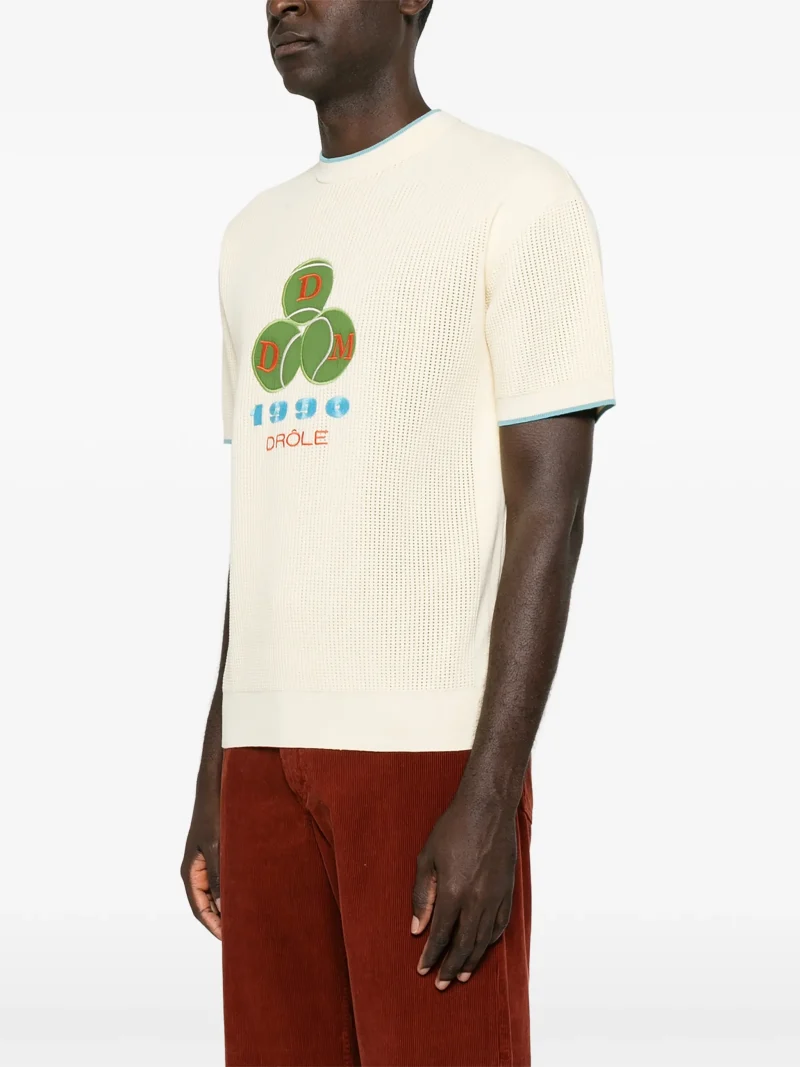 Tricou Drole De Monsieur logo-patch open-knit bej - imagine 5