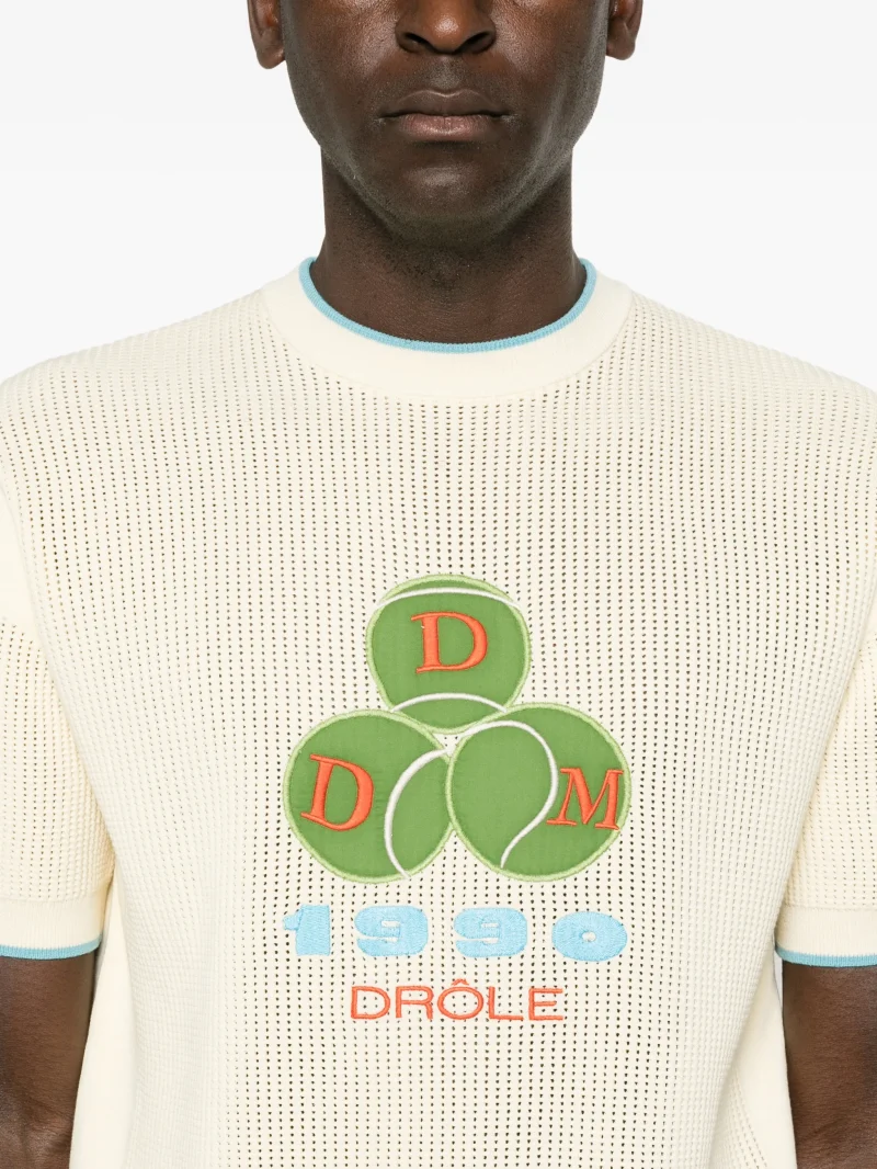 Tricou Drole De Monsieur logo-patch open-knit bej - imagine 3