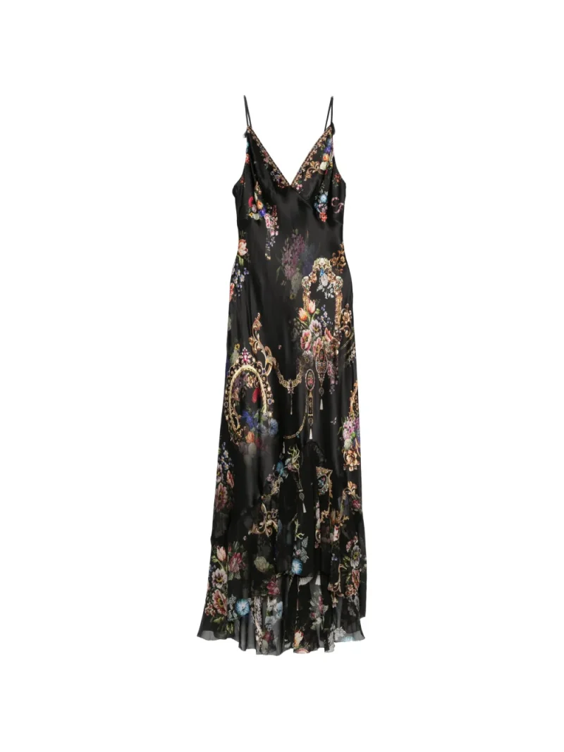 Rochie Camilla Floral-Print Rhinestone-Embellished Asymmetric negru