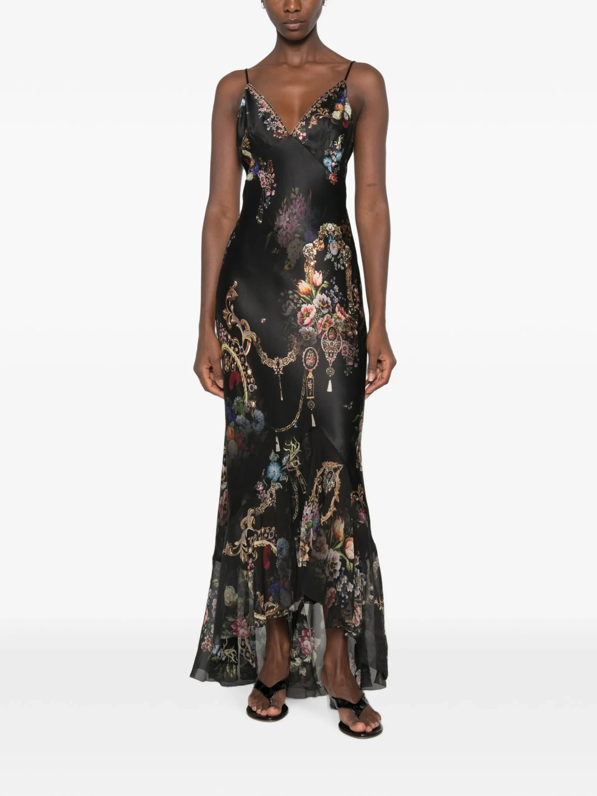 Rochie Camilla Floral-Print Rhinestone-Embellished Asymmetric negru - imagine 4