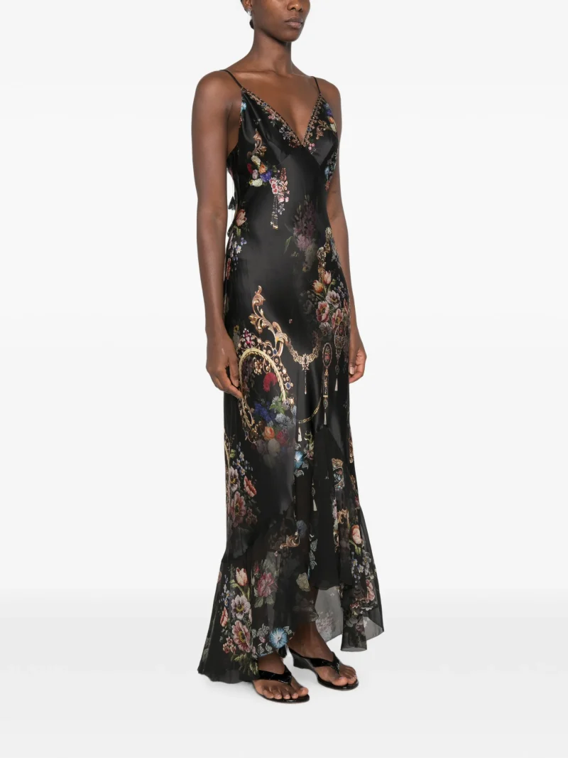 Rochie Camilla Floral-Print Rhinestone-Embellished Asymmetric negru - imagine 3