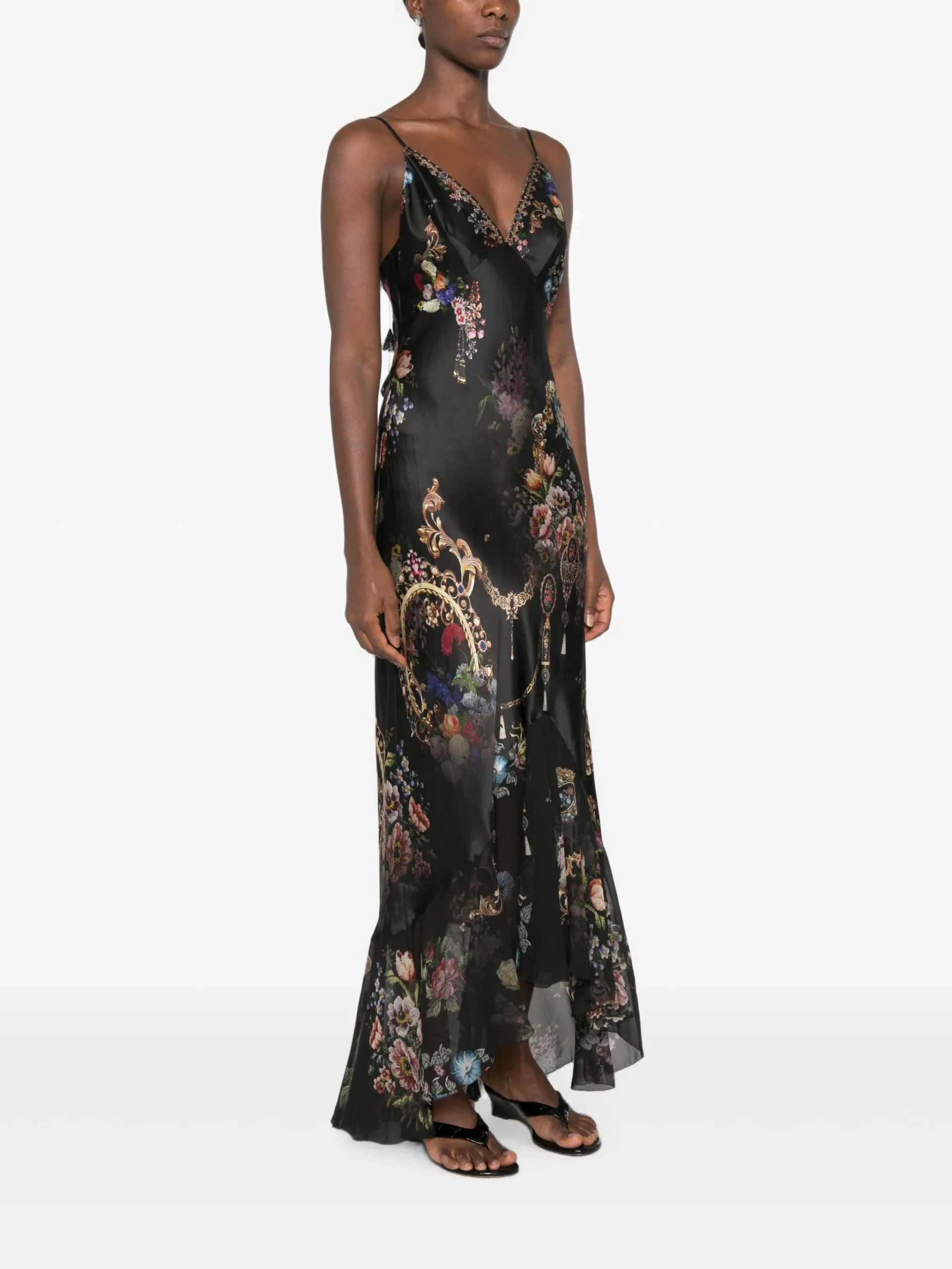 Rochie Camilla Floral-Print Rhinestone-Embellished Asymmetric negru - imagine 3