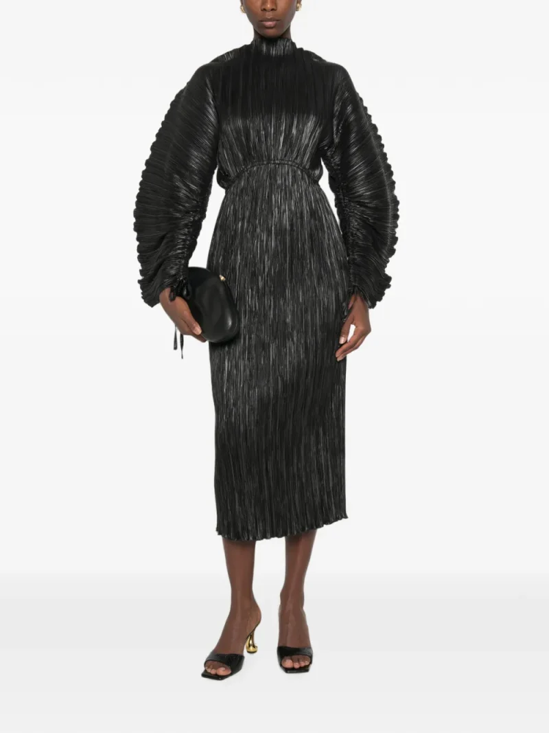 Rochie midi Cult Gaia Freda Plisse-Effect Balloon-Sleeve negru - imagine 4