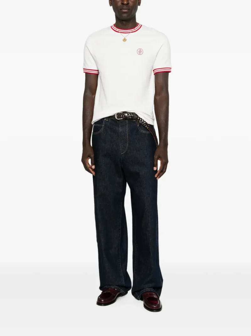 Tricou Drole De Monsieur Logo-Embroidered Striped-Trim alb - imagine 3
