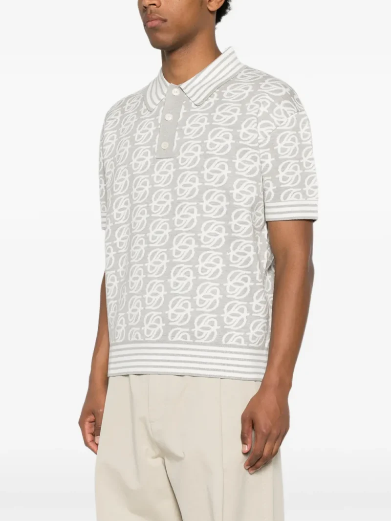 Tricou polo Drole De Monsieur Monogram-Knit Striped-Trim gri - imagine 3