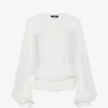 Camasa Balmain Smocked-Waist Silk-Chiffon alb