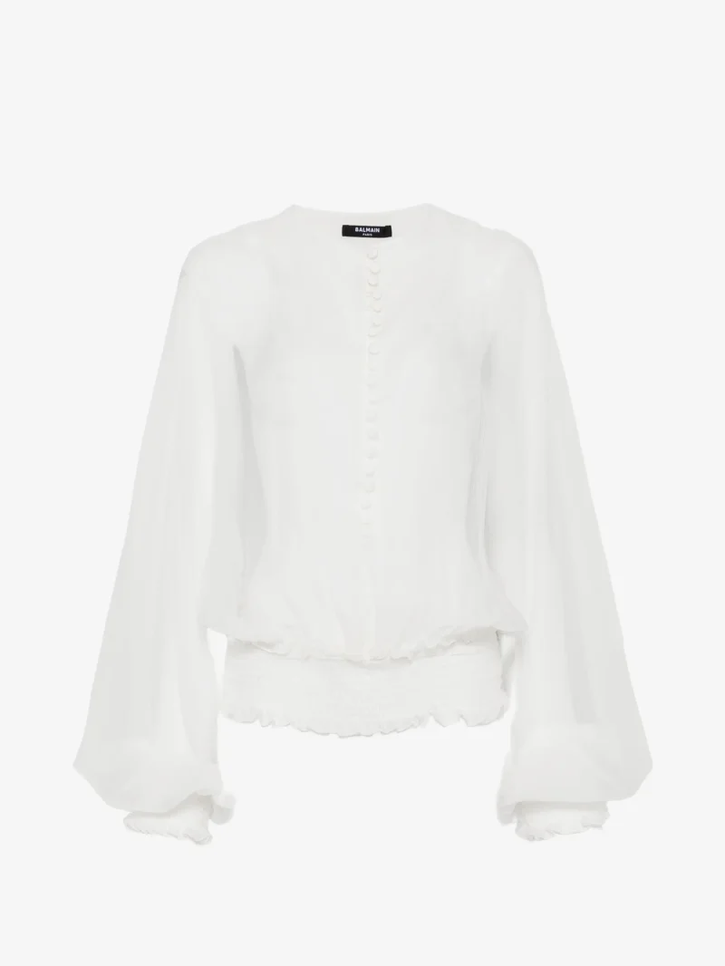Camasa Balmain Smocked-Waist Silk-Chiffon alb